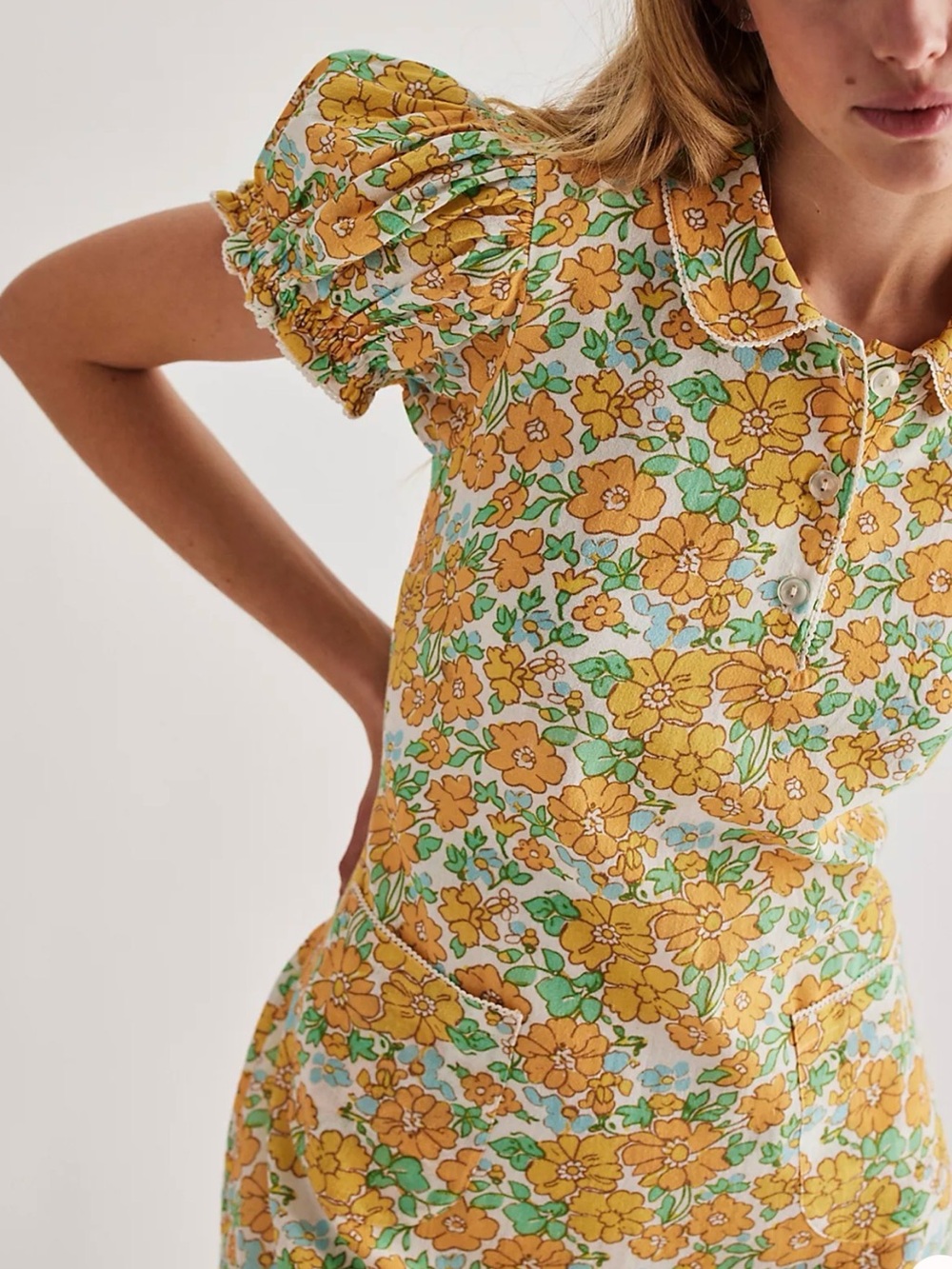Free People Under The Sun Mini Dress in  Marigold Combo floral sz XL - Picture 2 of 10